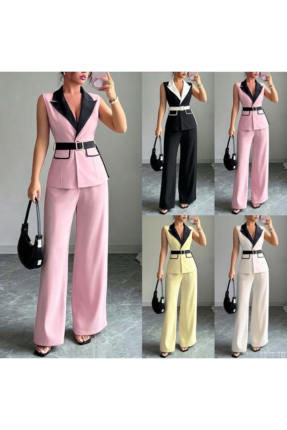 Women's Suits 2026 Elegant Dressy Sleeveless Blazer Vest and Wide Leg Pants Suits 2 Piece Formal Business Work Office Sets Pink XXL