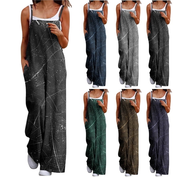 AHTJRT Women's Summer Boho Casual Jumpsuits Wide Leg Full Length Overalls with Spaghetti Shoulder Straps Baggy Rompers with Pockets Gray XXL