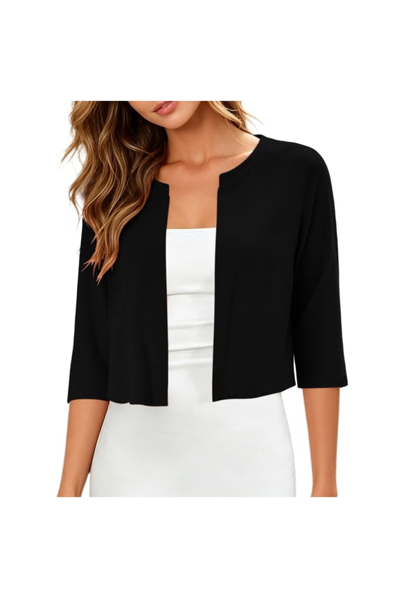 Women's Summer Cardigan Crew Neck 3/4 Sleeve Open Front Knit Cropped Bolero Shrugs Dressy Yoga Office Formal Tops Black L