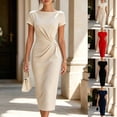 thumbnail image 1 of AHTJRT Women's Summer Dresses Boat Neck Short Sleeve Sheath Business Bodycon Midi Dress Elegant Wrap Office Cocktail Ball Gowns Beige S, 1 of 8