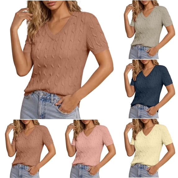 AHTJRT Women's Sweater Short Sleeve V Neck Lightweight Cable Knit Spring Summer Breathable Work Business Casual Pullover Tops Gray S