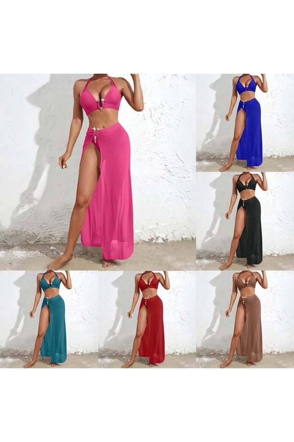 Women's Swimsuit Push-Up Spaghetti Straps Bralettes and Cover-Up Dresses Bikini Sets Sheer Mesh See Through Two Pieces Bahting Suit Hot Pink M