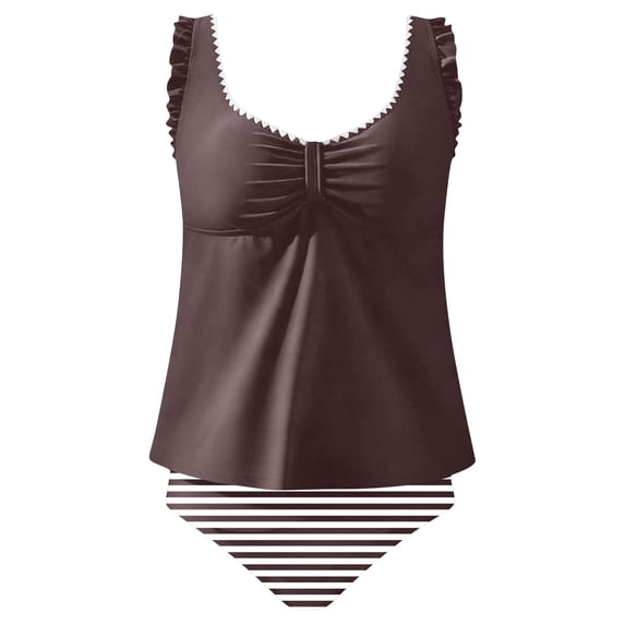 AHTJRT Women's Tankini Bathing Suit Modest Two Pieces Swim Suits Ruffle V Neck Swim Tank Tops and High Waisted Bottoms Coffee S