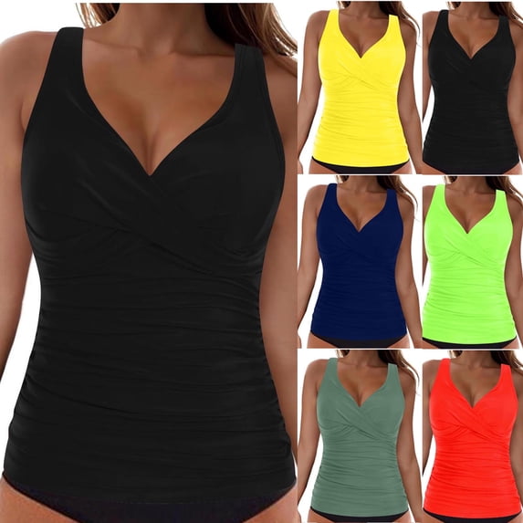 AHTJRT Women's Tankini Tops Ruched Deep V Neck Swim Tops with Chest Pad Crisscross Adjustable Spaghetti Straps Bathing Suit Tops Green#01 M