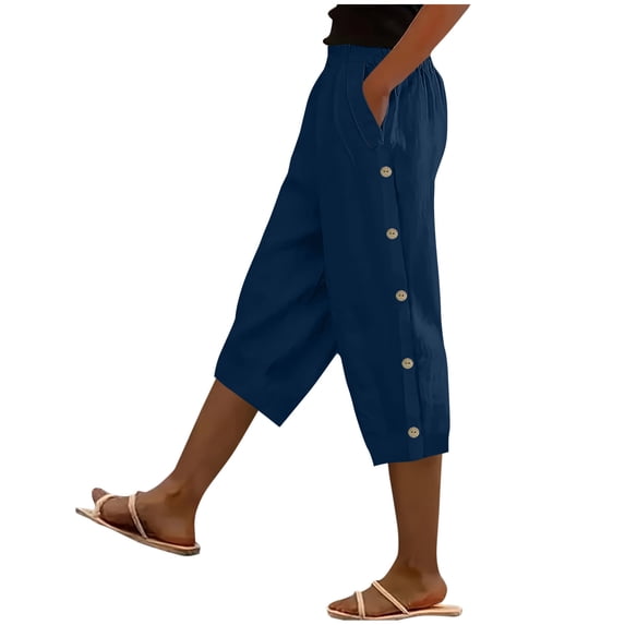 AHTJRT Women's Tear Away Pants Wide Leg Fashion Solid Color Elastic Waist Cotton Linen Capri Pants with Pockets Side Button Stitched Trousers Blue#01 &F2S