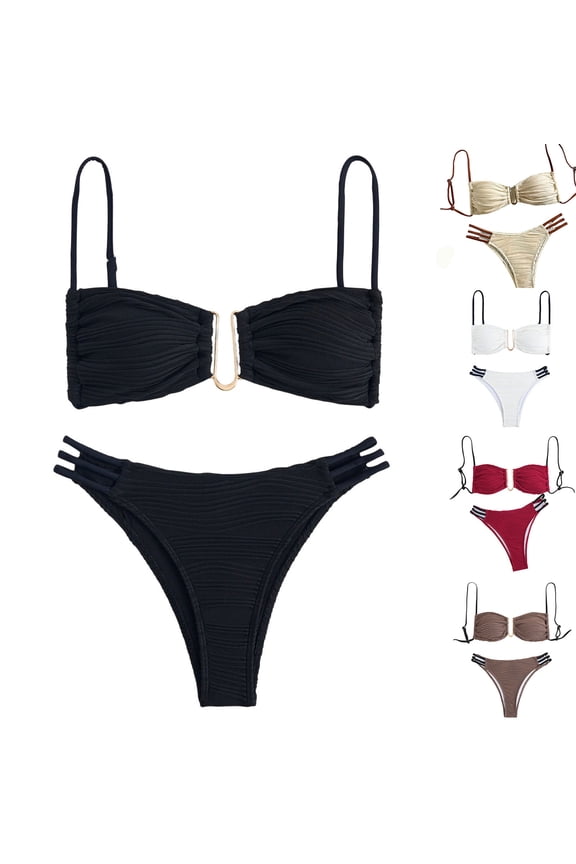 Women's Textured Underwire Bikini Sets U Wire High Cut Swimwear Suits Spaghetti Straps Ribbed Knit Triangle Bathing Suits Coffee M