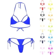 AHTJRT Womens Thong Bikini Set Brazilian Mesh Sheer Extreme Triangle Halterneck Two Pieces Bathing Suits Micro Bikini Bra Top with G-String Swimsuit Blue#02 Free Size