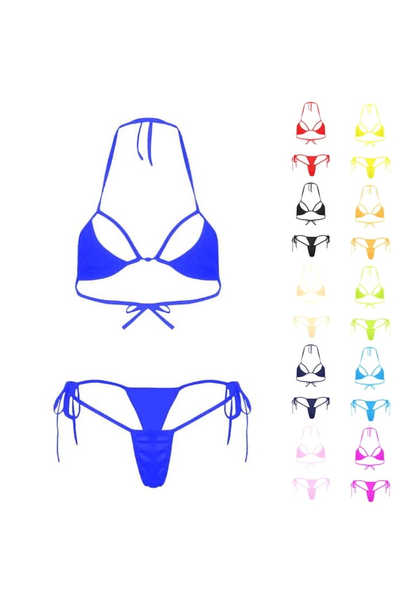 Women's Thong Bikini Set Brazilian Mesh Sheer Extreme Triangle Halterneck Two Pieces Bathing Suits Micro Bikini Bra Top with G-String Swimsuit Blue#02 Free Size