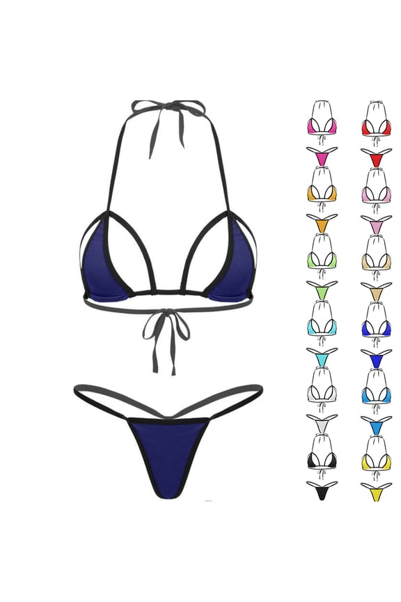 Women's Thong Bikini Set Brazilian Mesh Sheer Extreme Triangle Halterneck Two Pieces Bathing Suits Micro Bikini Bra Top with G-String Swimsuit Blue#03 Free Size