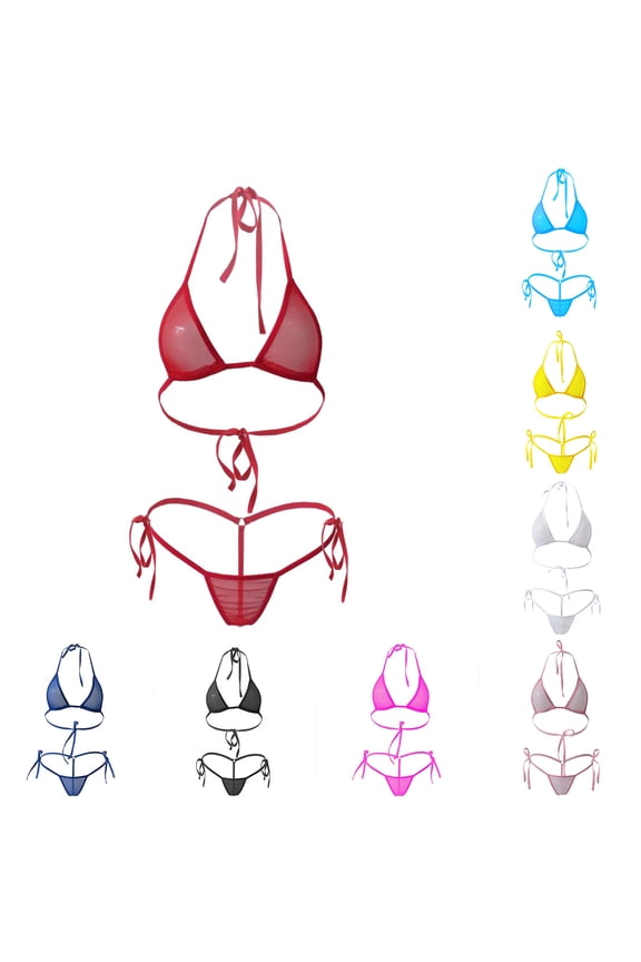 Women's Thong Bikini Set Brazilian Mesh Sheer Extreme Triangle Halterneck Two Pieces Bathing Suits Micro Bikini Bra Top with G-String Swimsuit Blue#01 Free Size