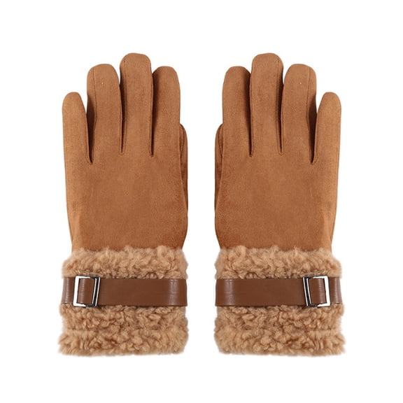 AHTJRT Women's Touch Screen Gloves Warm Sherpa Fleece Wrist Suede Gloves Outdoor Leather Buckle Mittens for Outdoor Driving Cycling Black Free Size