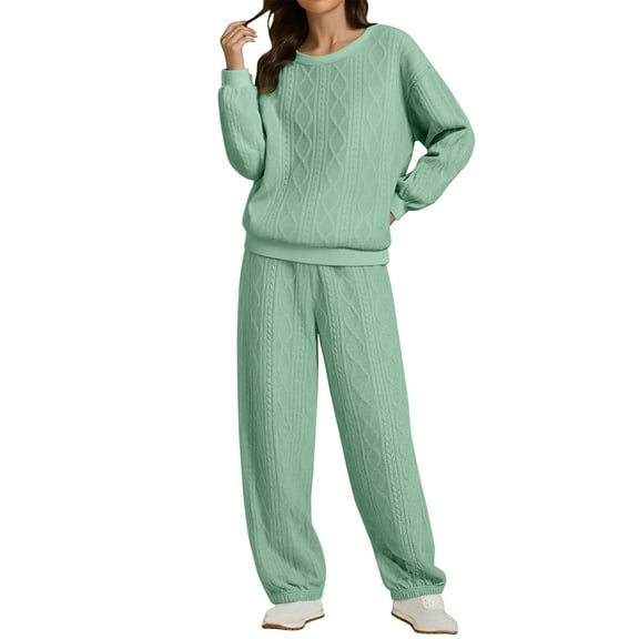 AHTJRT Women's Tracksuit 2 Pieces Ribbed Crewneck Pullover and Wide Leg Pants Jumpsuit Fashion Street Loungewear Sweatsuit Green S