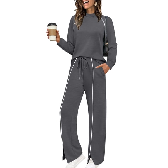 AHTJRT Women's Tracksuits Striped Crewneck Long Sleeve Tops Drawstrings Side Slit Pants 2 Pieces Athletic Sets Casual Fall Spring Sweatsuits Dark Gray XXL