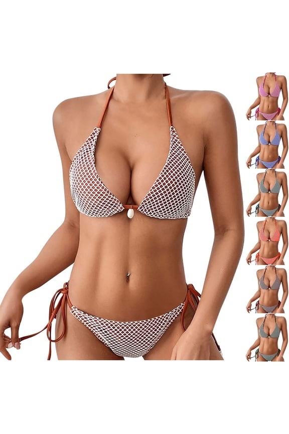 Women's Triangle Bikini Sets Multiway Fishnet Halter Bandeau Tops and Tie Side Thongs Bathing Suits Two Pieces Swimsuits Blue M