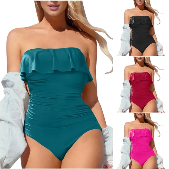 AHTJRT Women's Tummy Control One Piece Swimdress Ruffled Backless Slimming Tummy Control Bandeau Strapless Bathing Suits Black L