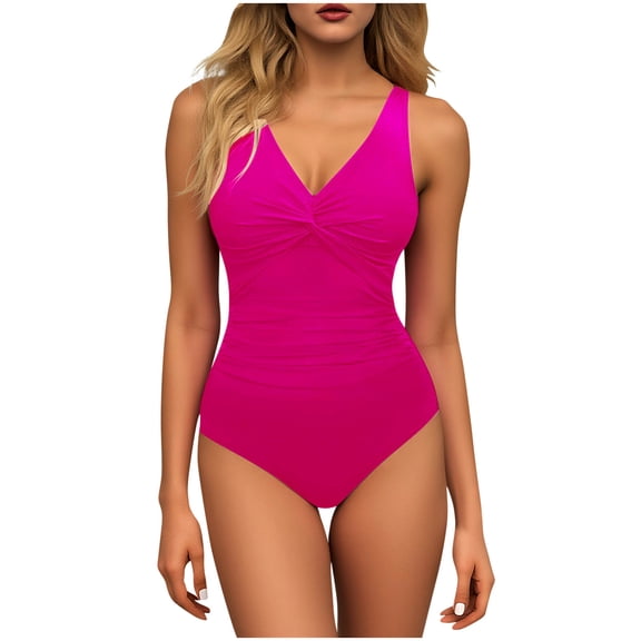 AHTJRT Women's Tummy Control Swimsuits Ruched Deep V Neck One Piece Bathing Suit with Adjustable Spaghetti Straps Push up Slimming Swimwear Hot Pink XL