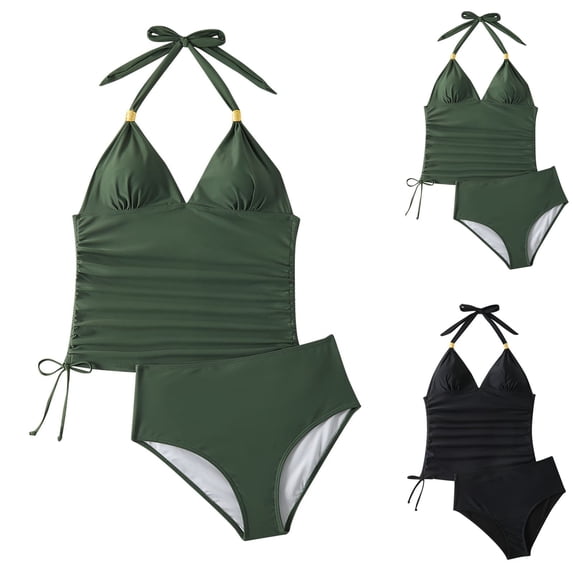 AHTJRT Women's Tummy Control Tankinis V-Neck Push up Two Pieces Swimsuits Triangle Halter Tops with High Waist Bottoms Bathing Suits Black M