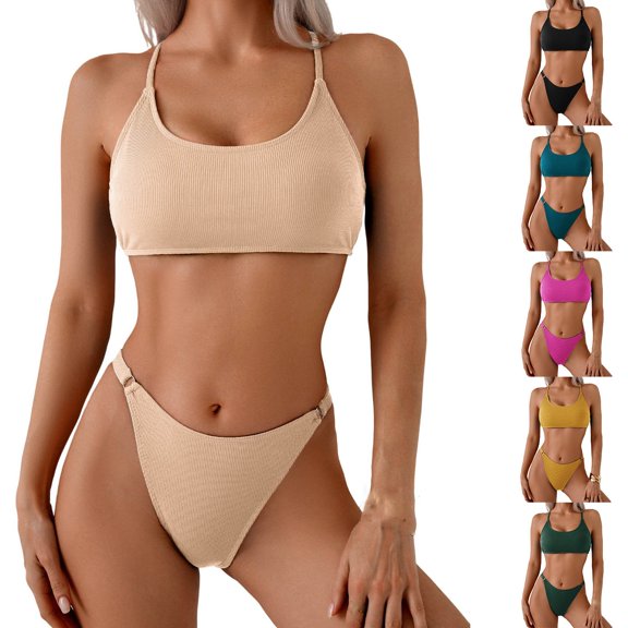 AHTJRT Women's Two Piece Bathing Suit Soft Seamless Ribbed Knit Bralettes and Thong Swimsuit Set Summer Beach Pool Party Bikini Sets Yellow S