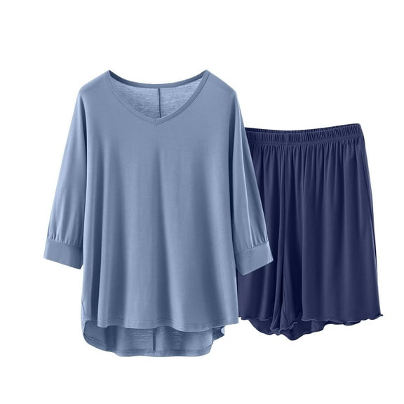 AHTJRT Women's Two Piece Lounge Sets V Neck 3/4 Sleeeve Tee Tops Elastic Waist Shorts Outfits Soft Cpmfy Sleepwear Pajama Sets Gray L