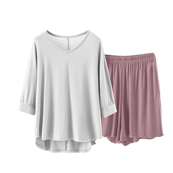 AHTJRT Women's Two Piece Lounge Sets V Neck 3/4 Sleeeve Tee Tops Elastic Waist Shorts Outfits Soft Cpmfy Sleepwear Pajama Sets Light Blue L