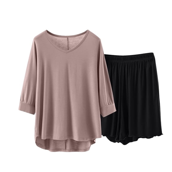 AHTJRT Women's Two Piece Lounge Sets V Neck 3/4 Sleeeve Tee Tops Elastic Waist Shorts Outfits Soft Cpmfy Sleepwear Pajama Sets Orange L