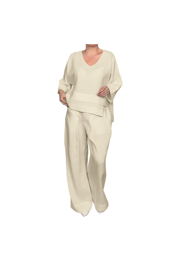 Women's Two Piece Set V Neck Long Sleeve Shirts Wide Leg Palazzo Pants Outfit Casual Fall Spring Beach Vacation Matching Sets Plus Size Beige S