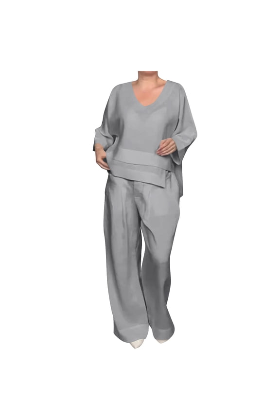 Women's Two Piece Set V Neck Long Sleeve Shirts Wide Leg Palazzo Pants Outfit Casual Fall Spring Beach Vacation Matching Sets Plus Size Gray XXL