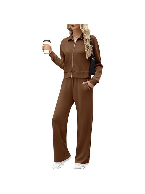 Women's Two Piece Sets Fall Spring Outfits Jackets Wide Leg Pants Tracksuits Casual Lounge Workout Athletic Matching Sets Brown L