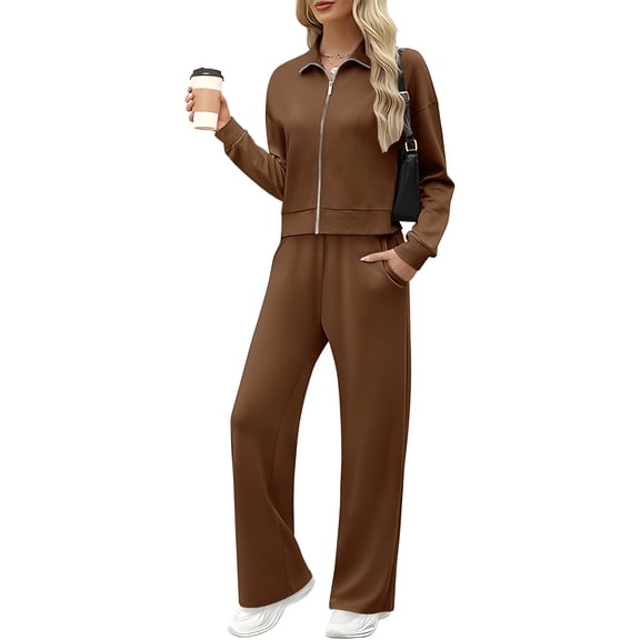 AHTJRT Women's Two Piece Sets Fall Spring Outfits Jackets Wide Leg Pants Tracksuits Casual Lounge Workout Athletic Matching Sets Brown S