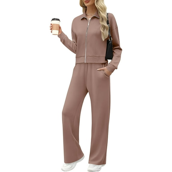 AHTJRT Women's Two Piece Sets Fall Spring Outfits Jackets Wide Leg Pants Tracksuits Casual Lounge Workout Athletic Matching Sets Pink M