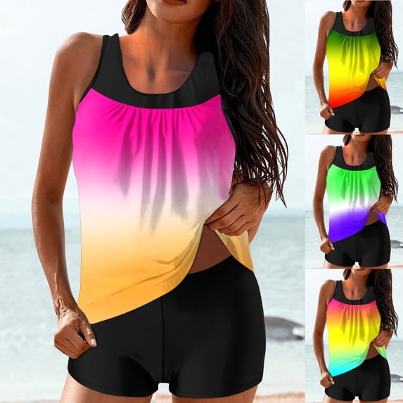 AHTJRT Women's Two Piece Tankini Swimsuits Fashion Gradient Color Bathing Suits Loose Fit Tank Tops and Shorts Swimwear Sets for Summer Beach Vacation Yellow M