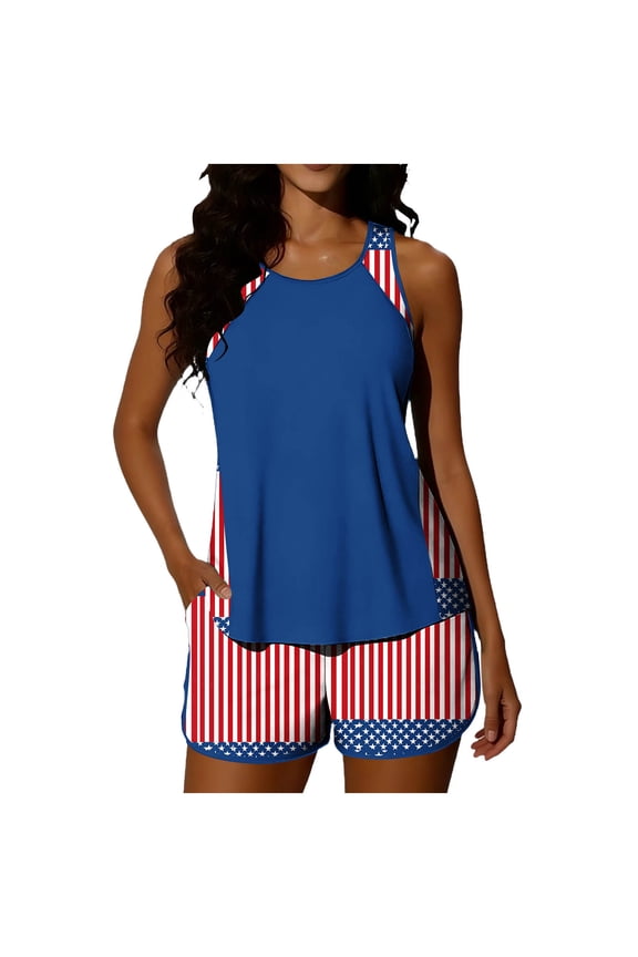 Women's Two Piece Tankini USA American Flag Print Swim Suits 4th of July Summer Surfing Beach Pool Party Bathing Suits Navy#02 XXL