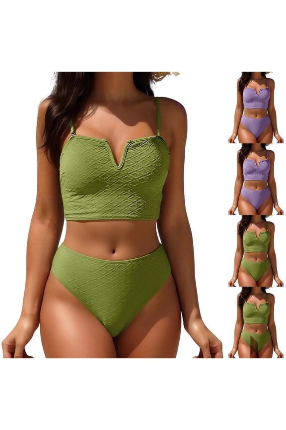 Women's V Cut High Waisted Bikini Sets Stretchy Ribbed V-Wired Cami Two Pieces Swimsuit with Adjustable Spaghetti Straps 15.49 200