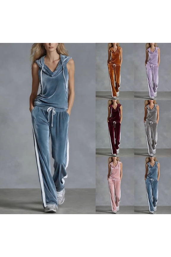 Women's Velvet 2 Piece Set V Neck Drawstring Hooded Sleeveless Tops with Track Pants Set Summer Running Jogging Sets Velour Sweatsuits Purple XXL