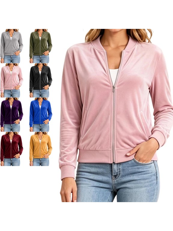 Women's Velvet Bomber Jacket Zip Up Long Sleeves Crew Neck Track Jacket with Pockets Casual Loose fit Work Office Daily Wear Fall Winter Coat