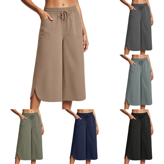 AHTJRT Women's Wide Leg Capri Pants Casual Active Yoga Leisure Capris Drawstring Elastic Waist Loose Fit Summer Spring Pants with Pockets Dark Gray M