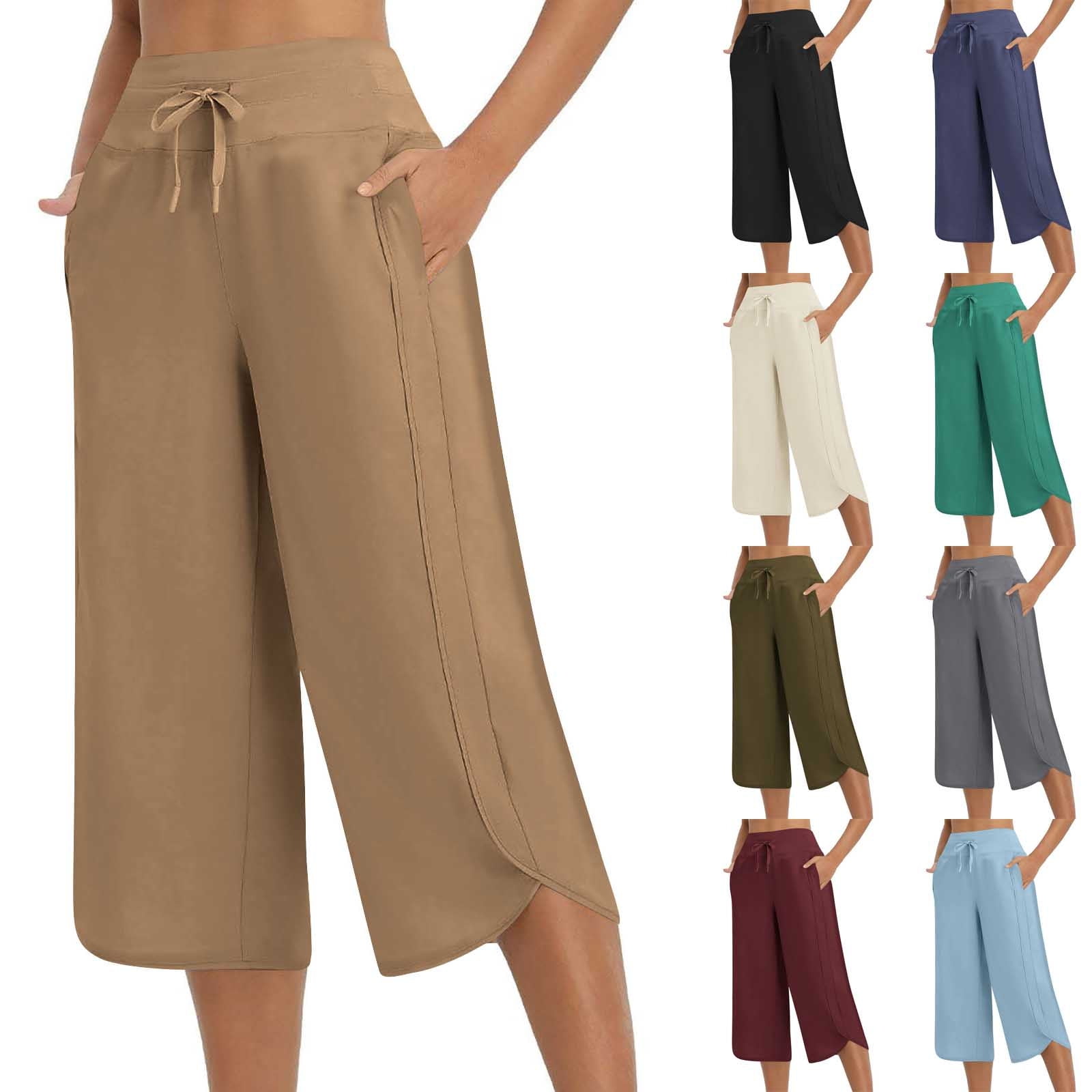 AHTJRT Women's Wide Leg Capri Pants Stretchy Drawstrings High Waisted ...