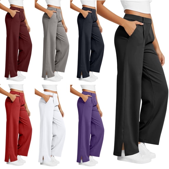 AHTJRT Women's Wide Leg Dress Pants Stretchy High Waisted Side Split Casual Trousers with Pockets Summer Formal Work Office Slacks Pants Black L