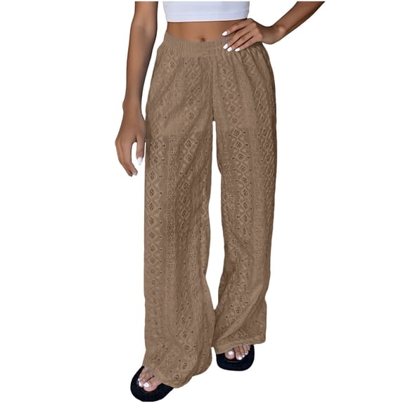 AHTJRT Women's Wide Leg Lace Pants Eyelet Embroidered Elastic Waist Casual Breathable Lightweight Full Length Trousers Khaki M