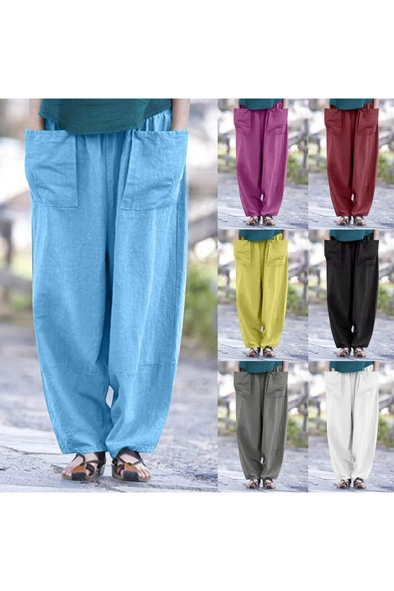 Women's Wide Leg Linen Pants Lightweight Breathable Spring Summer Lounge Hiking Climbing Trousers with 2 Front Pockets Black XXL