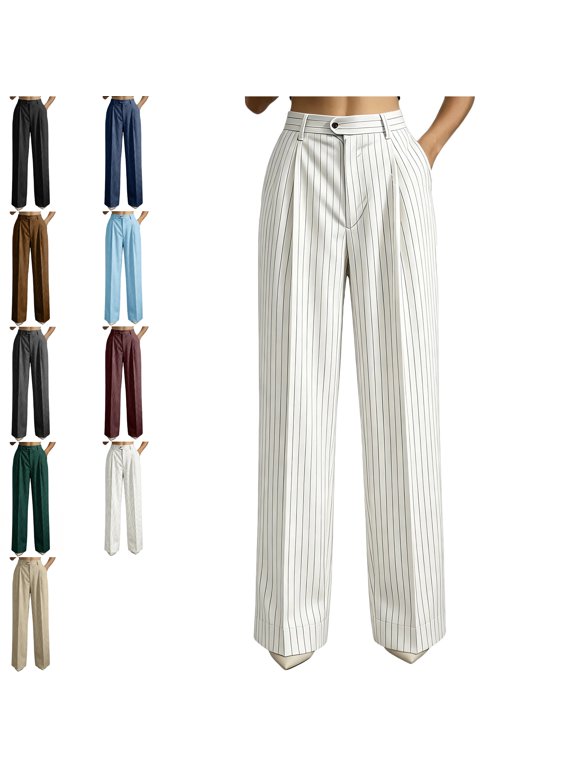 Women's Wide Leg Striped Business Work Palazzo Pants High Waist Button Down Straight Long Pant Side Pockets Dressy Office Slacks Work Trousers
