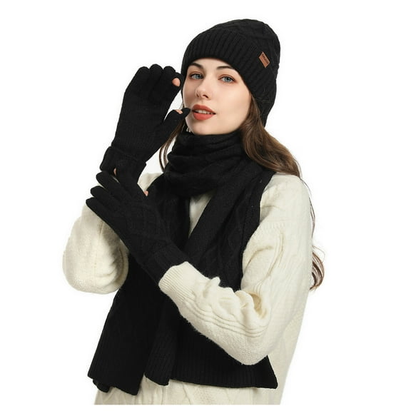 AHTJRT Women's Winter Beanie Hat Scarf Gloves 3 in 1 Set Warm Knit Long Scarves Fleece Lined Beanie Pompom Hat Touchscreen Gloves Set Black Free Size