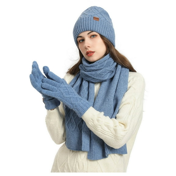 AHTJRT Women's Winter Beanie Hat Scarf Gloves 3 in 1 Set Warm Knit Long Scarves Fleece Lined Beanie Pompom Hat Touchscreen Gloves Set Blue Free Size
