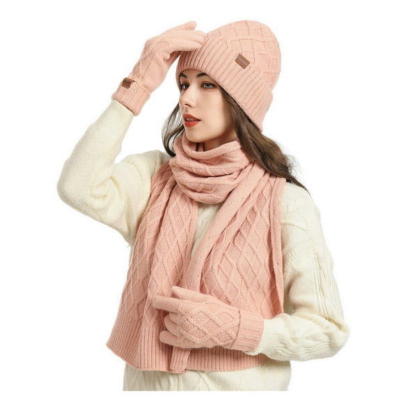 AHTJRT Women's Winter Beanie Hat Scarf Gloves 3 in 1 Set Warm Knit Long Scarves Fleece Lined Beanie Pompom Hat Touchscreen Gloves Set Pink Free Size