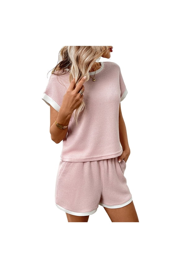 Women's Workout Sets Ribbed Casual Summer Crewneck Workout Short Sets with Pockets Lounge Street Athleisure Sweatsuits Pink L