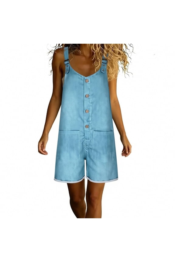 Women's Y2K Denim Shortalls Low-Cut Button Front Wide Leg Loose Bib Jean Overalls Shorts Pants Romper Jumpsuits with 2 Front Pockets Light Blue S