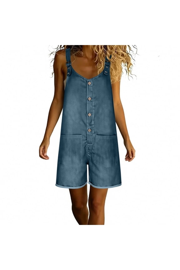 Women's Y2K Denim Shortalls Low-Cut Button Front Wide Leg Loose Bib Jean Overalls Shorts Pants Romper Jumpsuits with 2 Front Pockets Blue XL