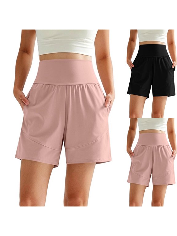 Women's Yoga Shorts Workout Cycling Riding Mountain Biking Stretch Tummy High Waisted Shorts with Pockets Black S