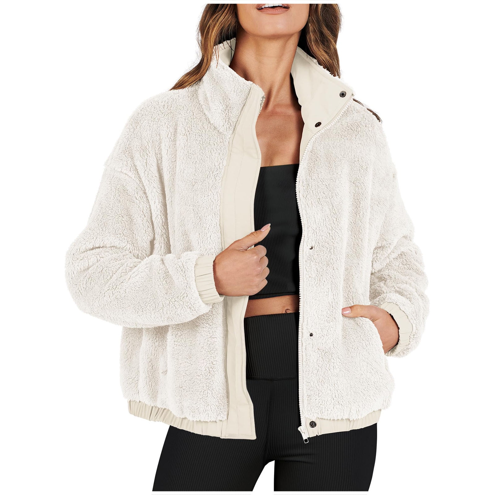 AHTJRT Womens Fleece Jacket Casual Long Sleeve Cropped Sherpa Fuzzy ...