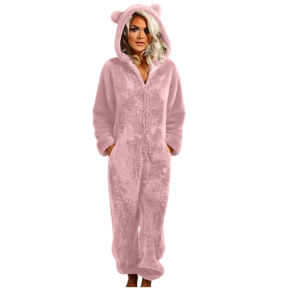 AHTJRT Womens Fleece Onesies Pajamas Fuzzy Sherpa Cute Ear Hooded Full Zip up Long Sleeve One Piece Onesie Winter Plush Thick Warm Romper Flannel Loungewear Sleepwear Pink XXXXXL